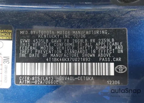 2007 Toyota Camry Le/Xle/Se from USA, damaged, VIN 4T1BK46KX7U021892